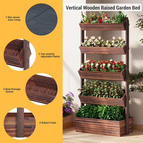 Vertical Wooden Five Tier Garden Bed With Five Planter Boxes Freestanding Plant Stand For Herbs Flowers Vegetables And Succulents Perfect For Small Spaces On Balconies Patios Or Indoors A Space Saver Carbonized Wood Finish For Outdoor Or Indoor Use with non-woven liner, adjustable planters, and base drainage.