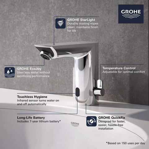 Baucosmopolitan E Touchless Electronic Faucet With Temperature Control Lever Battery Powered Hands Free Infrared Sensor Water On Off For Kitchen Or Bath, 60 Second Auto Shutoff, Easy Install, Water Saving Convenience, shown with features labeled.