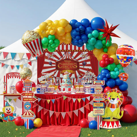 Circus Theme Party Decorations Kit With Balloon Garland In Red Blue Yellow Green Teal Foil Hot Air Balloons Lion Balloons Striped Banner