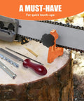 Universal Field Chainsaw File Kit 14 Piece Sharpening Set With Stump Vise displayed on a tree stump, includes files and vise.