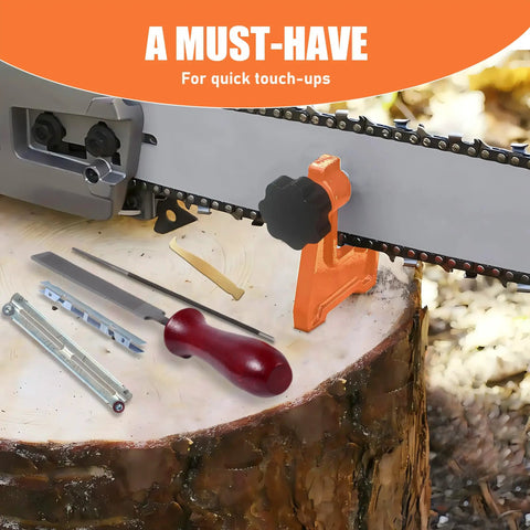 Universal Field Chainsaw File Kit 14 Piece Sharpening Set With Stump Vise displayed on a tree stump, includes files and vise.