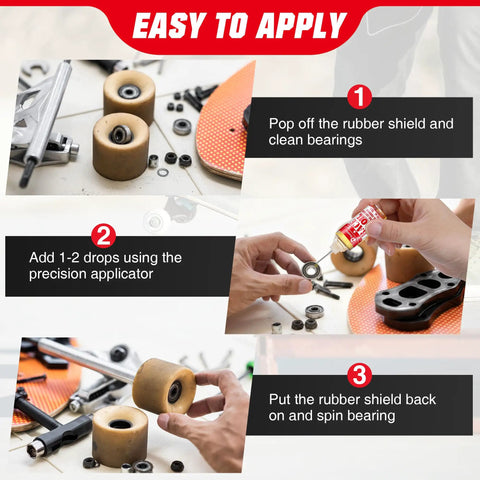 Step-by-step guide using Skateboard Bearing Lube 2 Pack for Smooth Bearings in skateboards, longboards, scooters, roller skates.