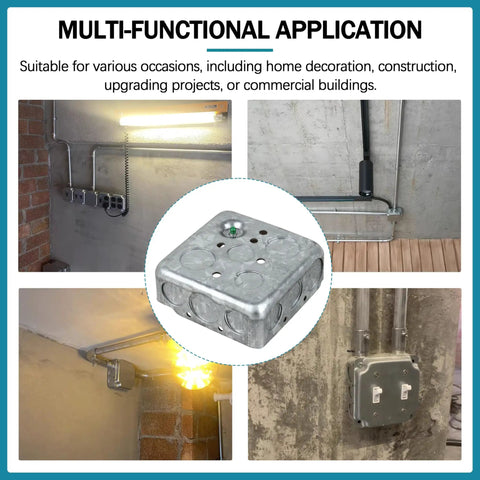 No Nonsense 4 Inch Square Metal Electrical Junction Box Two Gang Wire Housing With Ten Half And Six Three Quarter Knockouts used in various applications.