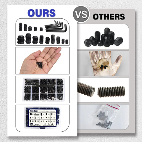 Comparison of Massive 1305 Piece Metric And SAE Set Screw Kit With Headless Internal Hex Drive to other kit, showing contents and quality