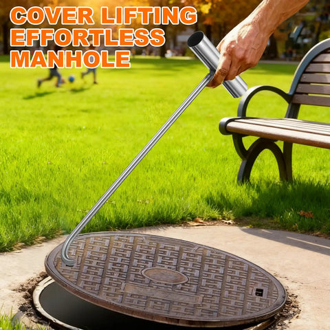 Heavy Duty 23.6 Inch Manhole Hook Workhorse Made From 304 Stainless Steel T Shaped Lid Lifter lifting a storm drain cover