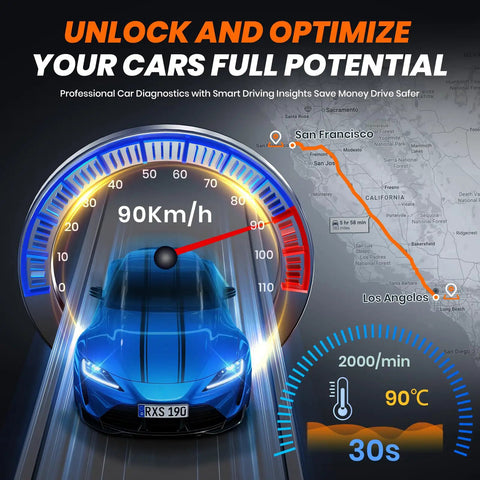 Enhanced Bluetooth OBD2 Scanner With 2 In 1 Car Engine Fault Code Reader interface showing car diagnostics on map and speedometer.