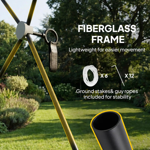 Close-up of a fiberglass frame with ground stakes and ropes for a No Tool Setup 10 X 11 Ft Pop Up Gazebo Screen Tent.