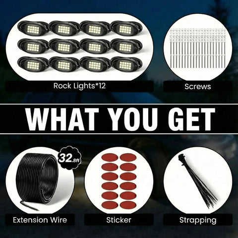 12 Pod White Rock LED Underglow Lights Kit 6000K Pure White IP68 Waterproof For Trucks with accessories and extension wire