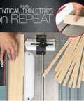 Front view of Thin Rip Jig table saw jig for repetitive narrow strip cuts; metal guide and light wood strips