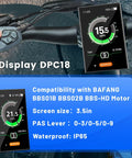 Ebike Display DPC18 mounted on handlebars with screen showing speed, compatible with BBS01B BBS02B BBSHD, 3.5in, IP65 waterproof.
