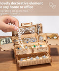 3D Wooden Puzzle Treasure Box With Moving Drawers And Mechanical Gears, DIY Model Kit For Adults And Kids, Creative Gift For Birthday Or Christmas, Fun Interactive Jewelry Storage Puzzle Box. Open wooden treasure box with drawers, jewelry and cash