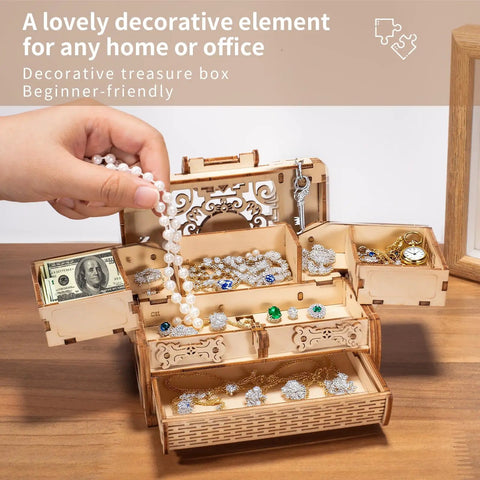 3D Wooden Puzzle Treasure Box With Moving Drawers And Mechanical Gears, DIY Model Kit For Adults And Kids, Creative Gift For Birthday Or Christmas, Fun Interactive Jewelry Storage Puzzle Box. Open wooden treasure box with drawers, jewelry and cash