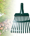 Heavy Duty 11-Tooth Carbon Steel Rake Head 10 Inch Wide Replacement With Pre Drilled Holes For Lawn Care Garden Yard Farm And Metal Debris Cleanup Ideal For Mulch Pile Cleanup And Leaf Raking In Every Season displayed next to raking leaves on grass
