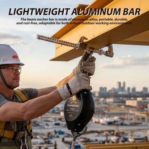 Smooth Aluminum Sliding Beam Anchor For I Beam Featuring 360 Rotating D Ring And Built Tough Nylon Rollers Delivers No Sweat Setup plus worker using anchor on beam