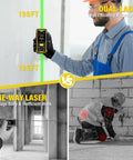 Dual Laser Measuring Tool With Green Bilateral Laser, 393ft Range, Rechargeable Digital Laser Measure, Backlit LCD Display, Angle Sensor, Six Unit Modes, Multiple Measurement Functions For Fast, Accurate Distances used by worker indoors