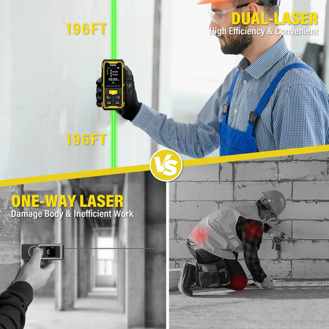 Dual Laser Measuring Tool With Green Bilateral Laser, 393ft Range, Rechargeable Digital Laser Measure, Backlit LCD Display, Angle Sensor, Six Unit Modes, Multiple Measurement Functions For Fast, Accurate Distances used by worker indoors
