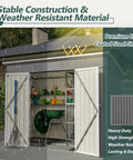 8x4 Heavy Duty Steel Outdoor Storage Shed with double lockable doors in gray, storing backyard gear, shown in rain.