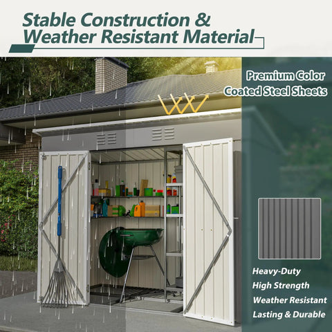 8x4 Heavy Duty Steel Outdoor Storage Shed with double lockable doors in gray, storing backyard gear, shown in rain.
