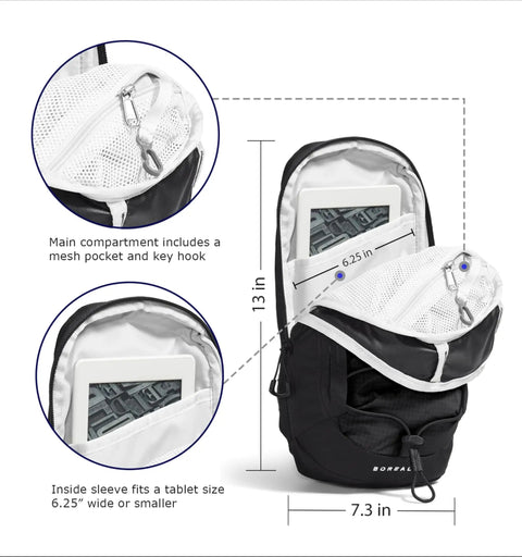 Borealis Sling Bag Crossbody For Everyday Carry With Water Repellent Material showing open compartments and dimensions