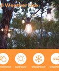 96Ft Outdoor String Lights With 32 LED Shatterproof Bulbs for Patio Garden in rain, showcasing all-weather durability symbols.