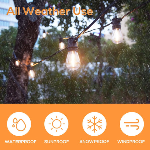 96Ft Outdoor String Lights With 32 LED Shatterproof Bulbs for Patio Garden in rain, showcasing all-weather durability symbols.