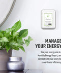 WiFi Smart Thermostat With Touchscreen Display in modern home with plant, showing energy report and utility management text.