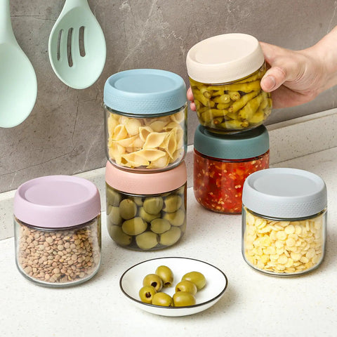 Six Pack 10oz Glass Jars With Airtight Lids For Overnight Oats, Yogurt, Snacks, Spices And Sugar, filled with various foods