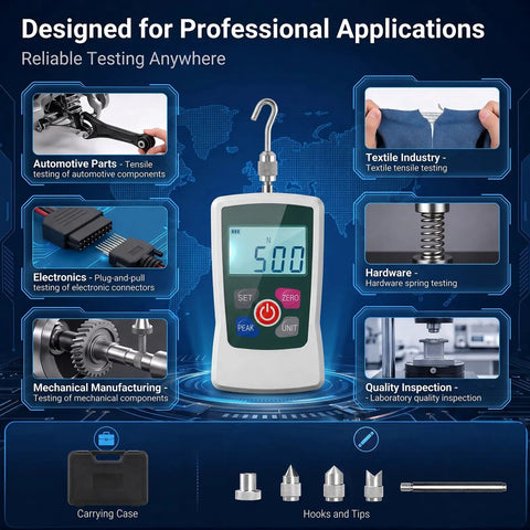 Beefy 500N Digital Force Gauge With Real Time, Peak And First Peak Modes For Tension And Compression Testing, Backlit LCD Screen, Four Units N Kg Lb Oz, High Precision Inner Sensor, Easy Trigger Pull For DIY, Lab Or Workshop, on-screen product display