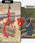 Front view of Toriexon log tongs, 28-inch red with two serrated claws gripping logs