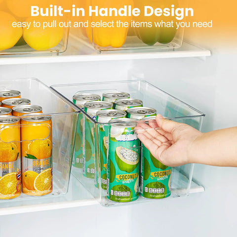 Large clear pantry bins with built-in handles for easy access, ideal for fridge organization to keep the mess tight.