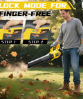 Man using Cordless Leaf Blower For DeWalt 20V Max Batteries With 650 CFM Brushless Motor Built In Protection 6 Speed Settings And Turbo Mode Tool Only For Driveways Lawns And Snow Cleanup Easy Daily Use in a park clearing leaves with lock mode steps shown.