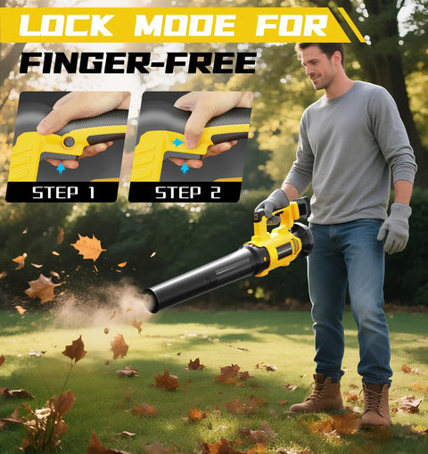 Man using Cordless Leaf Blower For DeWalt 20V Max Batteries With 650 CFM Brushless Motor Built In Protection 6 Speed Settings And Turbo Mode Tool Only For Driveways Lawns And Snow Cleanup Easy Daily Use in a park clearing leaves with lock mode steps shown.
