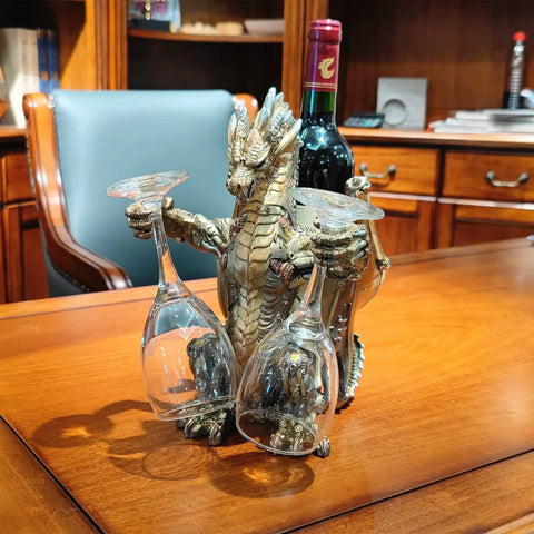 Steampunk Dragon Wine Bottle Holder With Two Glasses Metal Gothic Wine Rack For Home Bar Man Cave Decor Gift For Men 11 Point 6 Inch High