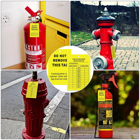 Top Shelf 50 Pack Fire Extinguisher Inspection Tags With Four Year Monthly Record Log on various fire equipment in red and yellow.