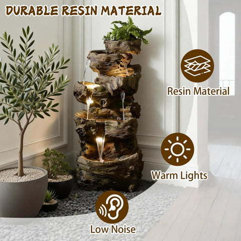 Outdoor Water Fountain With 5 Tiers Cascade Design Realistic Tree Trunk Style LED Lights For Garden Patio
