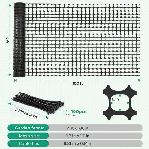 Plastic Garden Fence Netting Roll 4x100ft Reusable Temporary Fencing For Animals And Plants Mesh Barrier With 1.7x1.7in Openings
