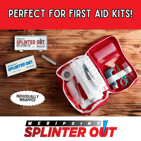 Splinter Out Splinter Remover, 20 Count Sterile Pack displayed with a first aid kit, perfect for home or travel use.