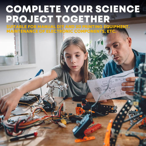 Father and daughter working on science project with electronic components and tools on a wooden table.
