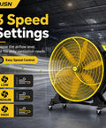 30 Inch Industrial Floor Drum Fan Heavy Duty High Airflow Cooling 3 Speed Settings showcasing control panel and airflow options.