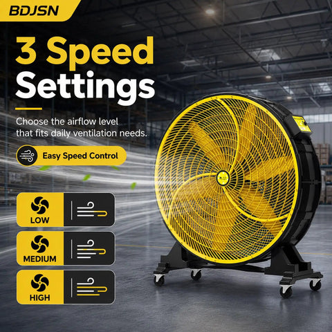 30 Inch Industrial Floor Drum Fan Heavy Duty High Airflow Cooling 3 Speed Settings showcasing control panel and airflow options.