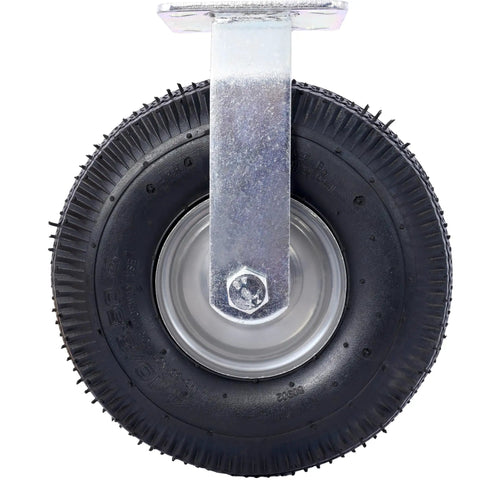 Heavy Duty 10 Inch Pneumatic Caster Wheels With Rigid Plate And Precision Ball Bearings Built Tough For No Sweat Hauling And Smooth Cruisin Performance top view of caster wheel with steel hub.