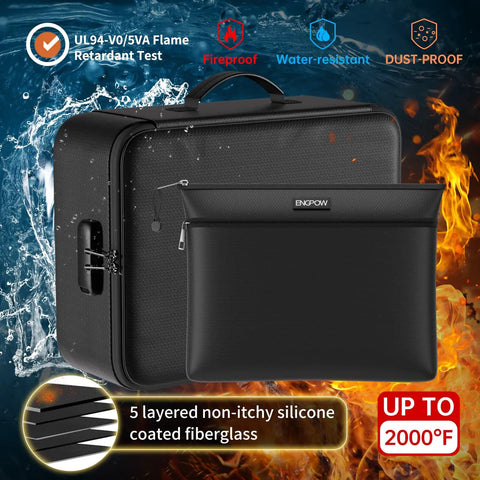 Fireproof Lockable Document Organizer Bag With Five Layer Fireproof And Waterproof Protection For Important Docs Passport Laptop Certificates And Cash, black with handle, UL94-V0/5VA tested for up to 2000°F.