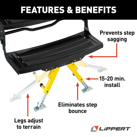 Solid Stance RV Step Stabilizer Kit for Fifth Wheels, Travel Trailers, and Motorhomes, showing adjustable legs for stability.