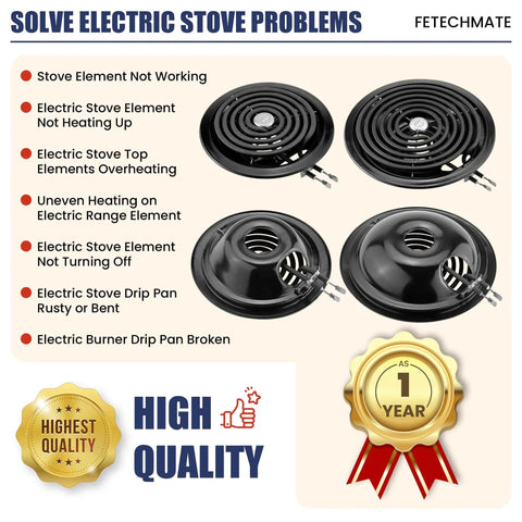 8 Piece Porcelain Drip Pans And Electric Stove Burner Replacement Set for solving electric stove problems, showing two burner elements.