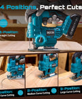 Cordless Jigsaw With Dual 21V 2Ah Batteries And Charger showing 4 cutting positions for various wood projects.