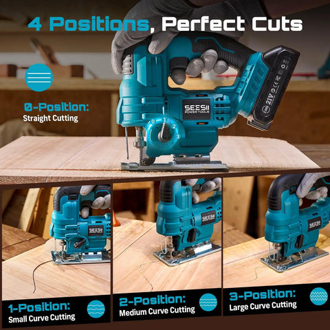 Cordless Jigsaw With Dual 21V 2Ah Batteries And Charger showing 4 cutting positions for various wood projects.