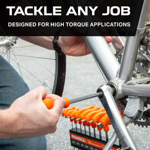 Person using 20 Piece T Handle Allen Wrench Set With Stand For SAE And Metric Hex Keys, Ergonomic Grips For Maximum Torque on bike