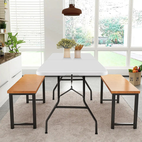 Heavy Duty 6 Foot Folding Table Portable Fold In Half Utility Table For Indoor Outdoor Use with wooden benches indoors