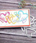Love Hearts Metal Die Cuts Frame Set 4 pieces shown with colorful heart frames on card for scrapbooking and crafting.