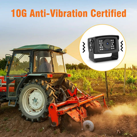 Tractor equipped with 1080P Wired Backup Camera System For Tractors And Heavy Duty Farm Trucks 7 Inch HD Monitor in a field at sunset.
